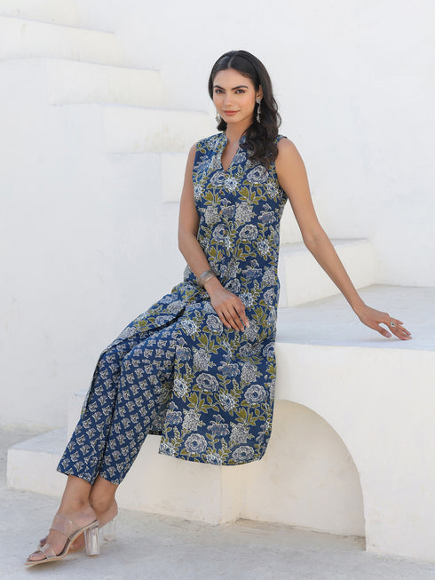 Dark Blue Pure Cotton Floral Printed A-line Kurta Pant Set